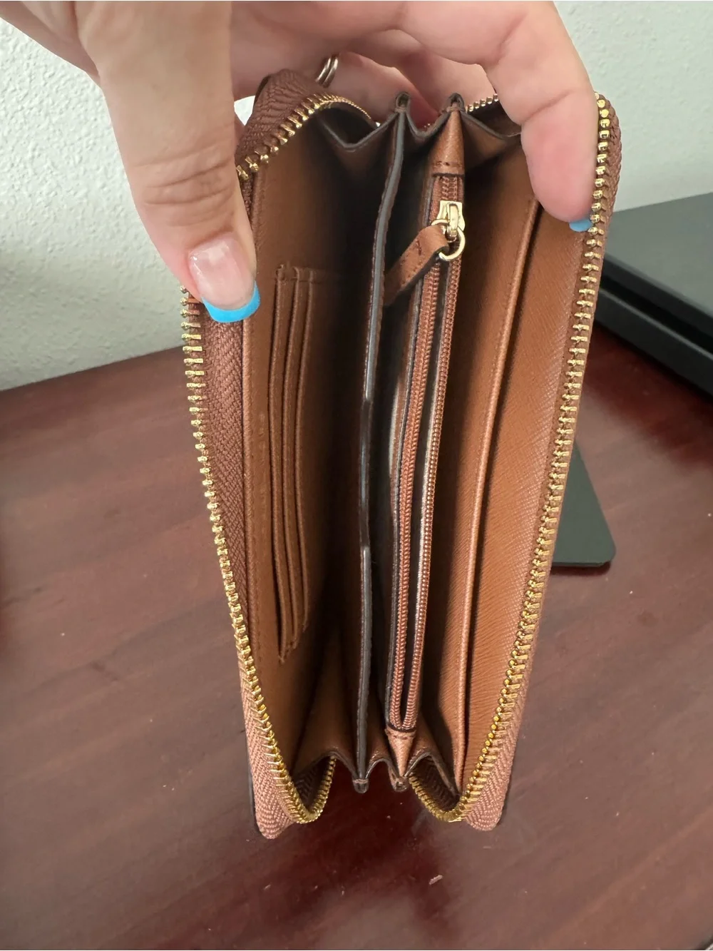 Michael Kors Cognac Brown Saffiano Zip Wallet with Gold Hardware